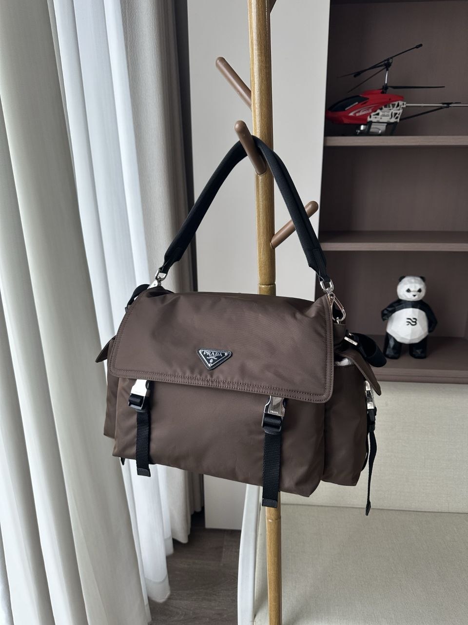Pr@da Re-Nylon Double Buckle Messenger Brown image 1