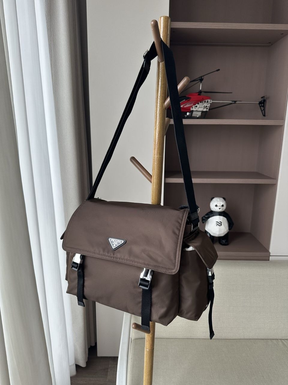 Pr@da Re-Nylon Double Buckle Messenger Brown image 2