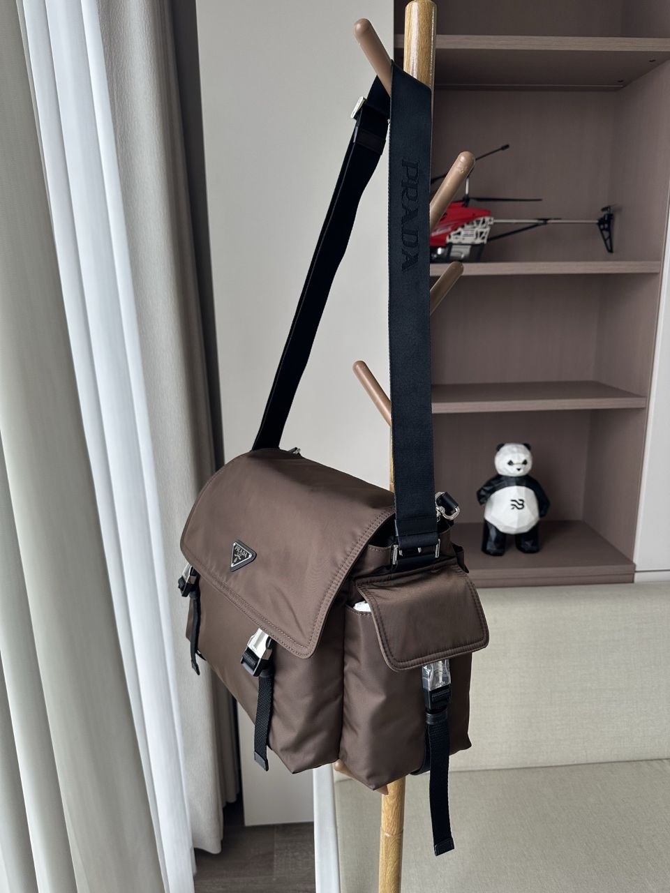 Pr@da Re-Nylon Double Buckle Messenger Brown image 6