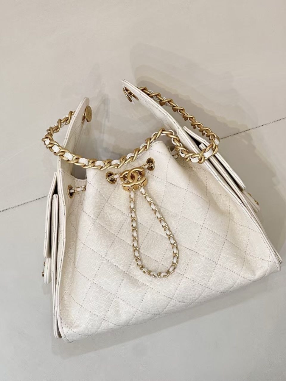 Ch@nel Drawstring Bucket Bag Cream image 1