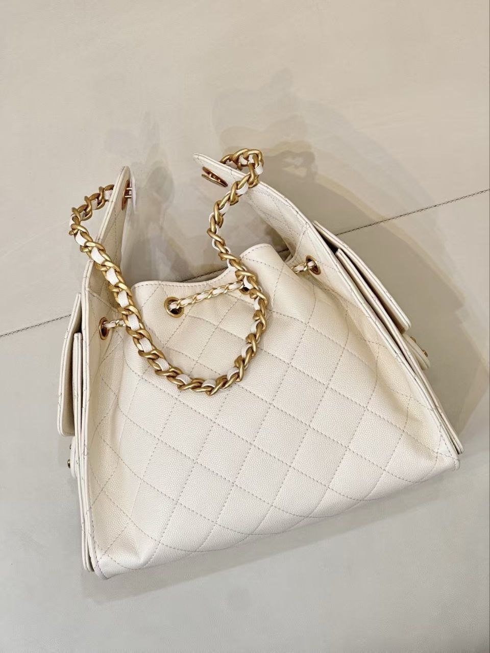 Ch@nel Drawstring Bucket Bag Cream image 2