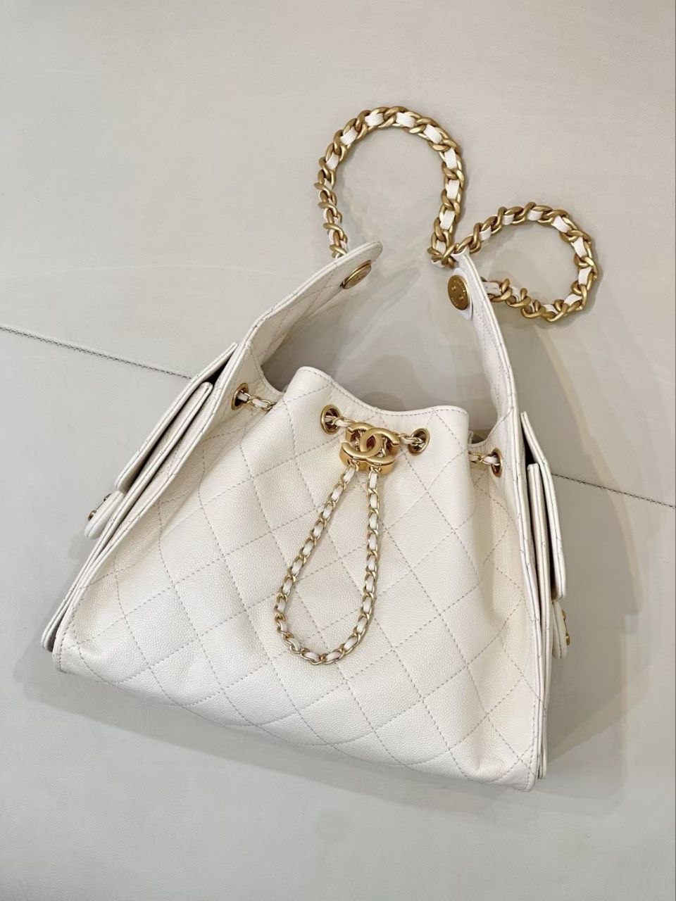 Ch@nel Drawstring Bucket Bag Cream image 4