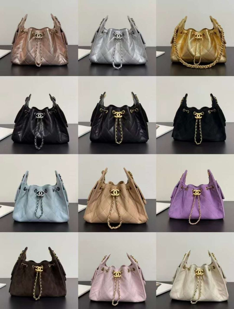 Ch@nel Drawstring Bucket Bag Cream image 5