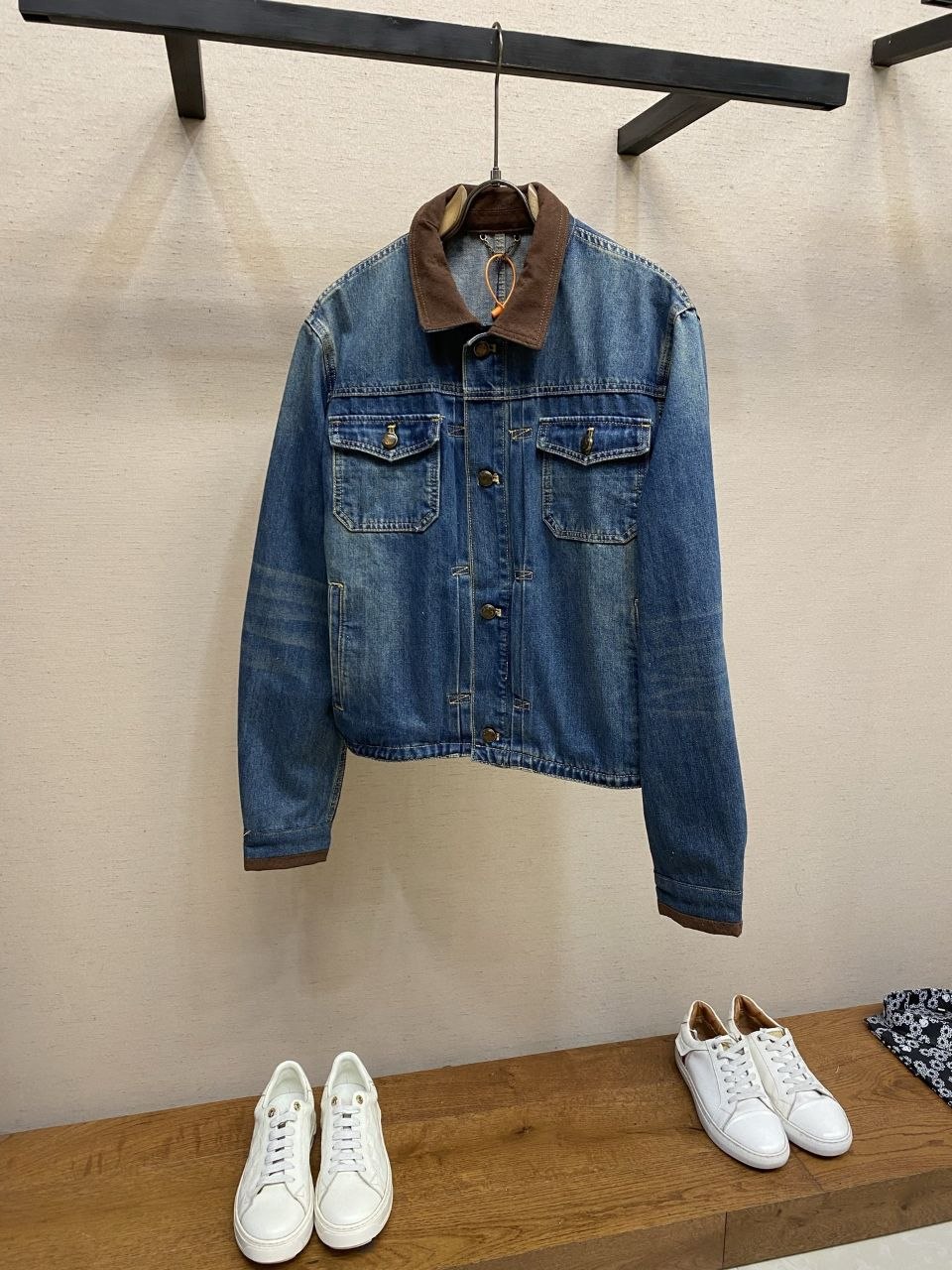 1V Leather-Detail Denim Jacket