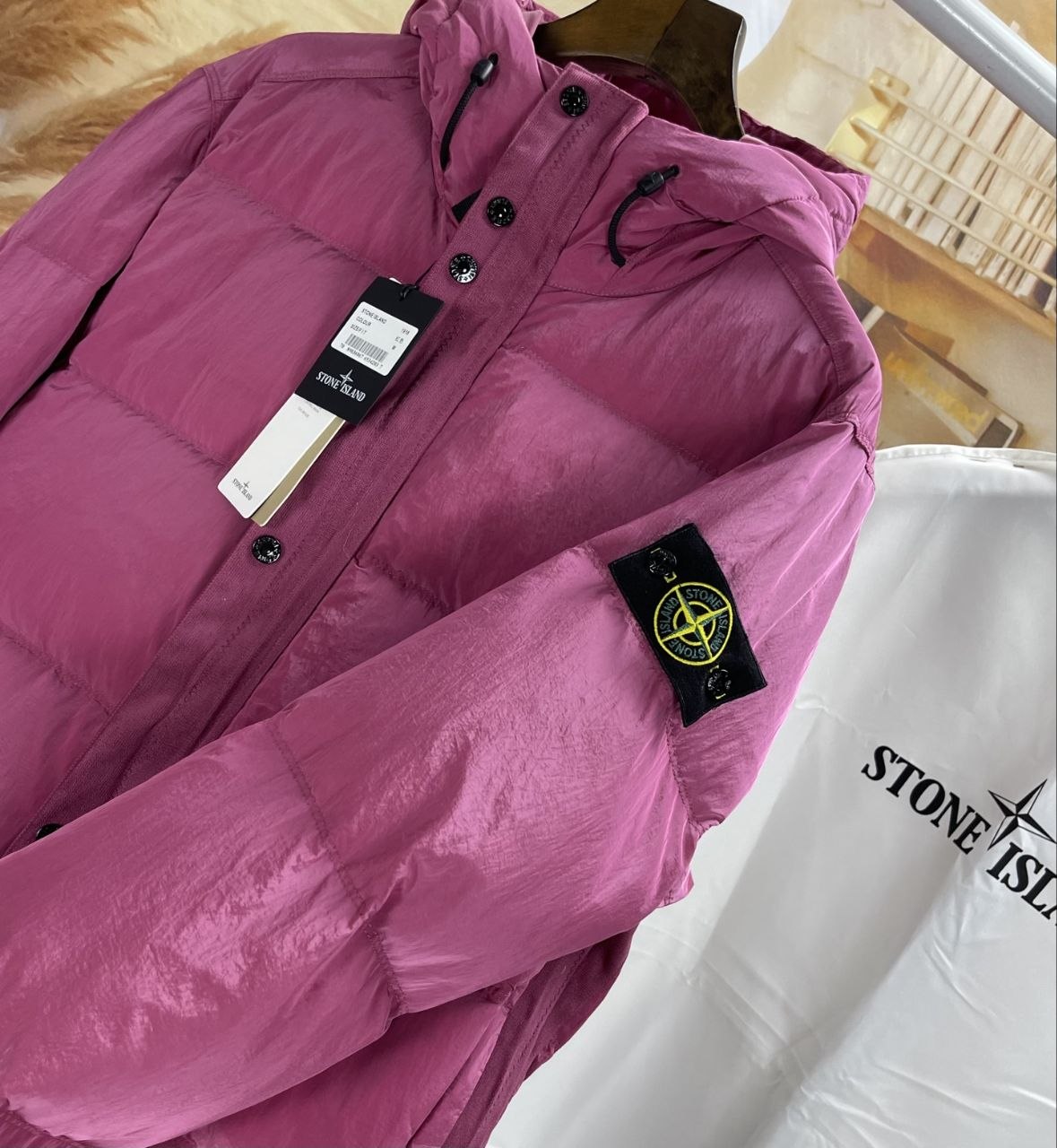 Stone 1sland Metallic-Weave Down Jacket — Rose Pink