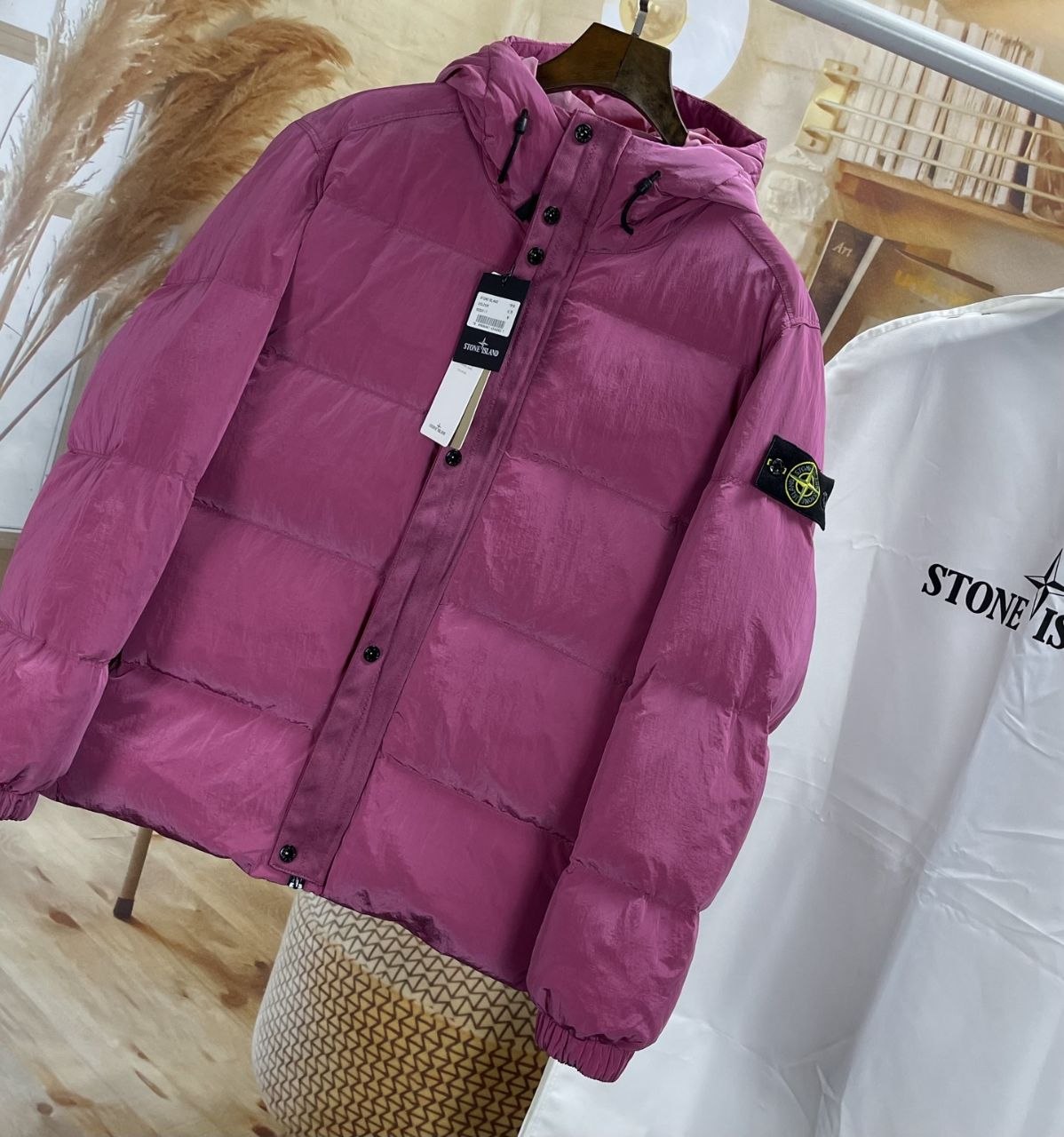 Stone 1sland Metallic-Weave Down Jacket — Rose Pink image 2