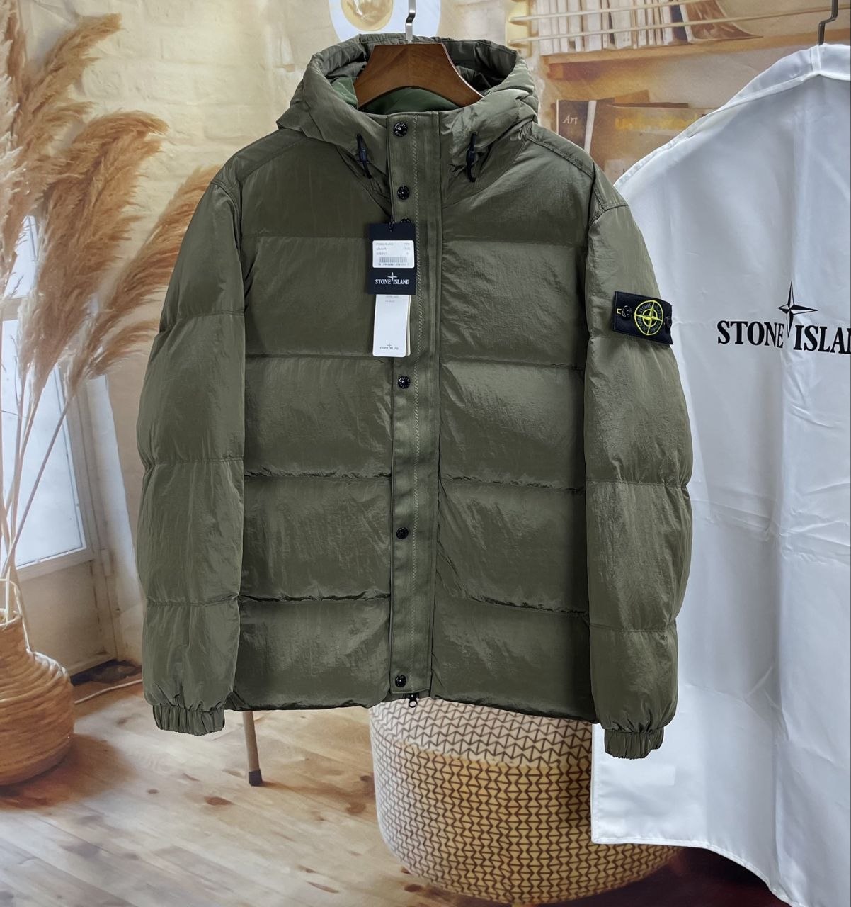 Stone 1sland Metallic-Weave Down Jacket — Green