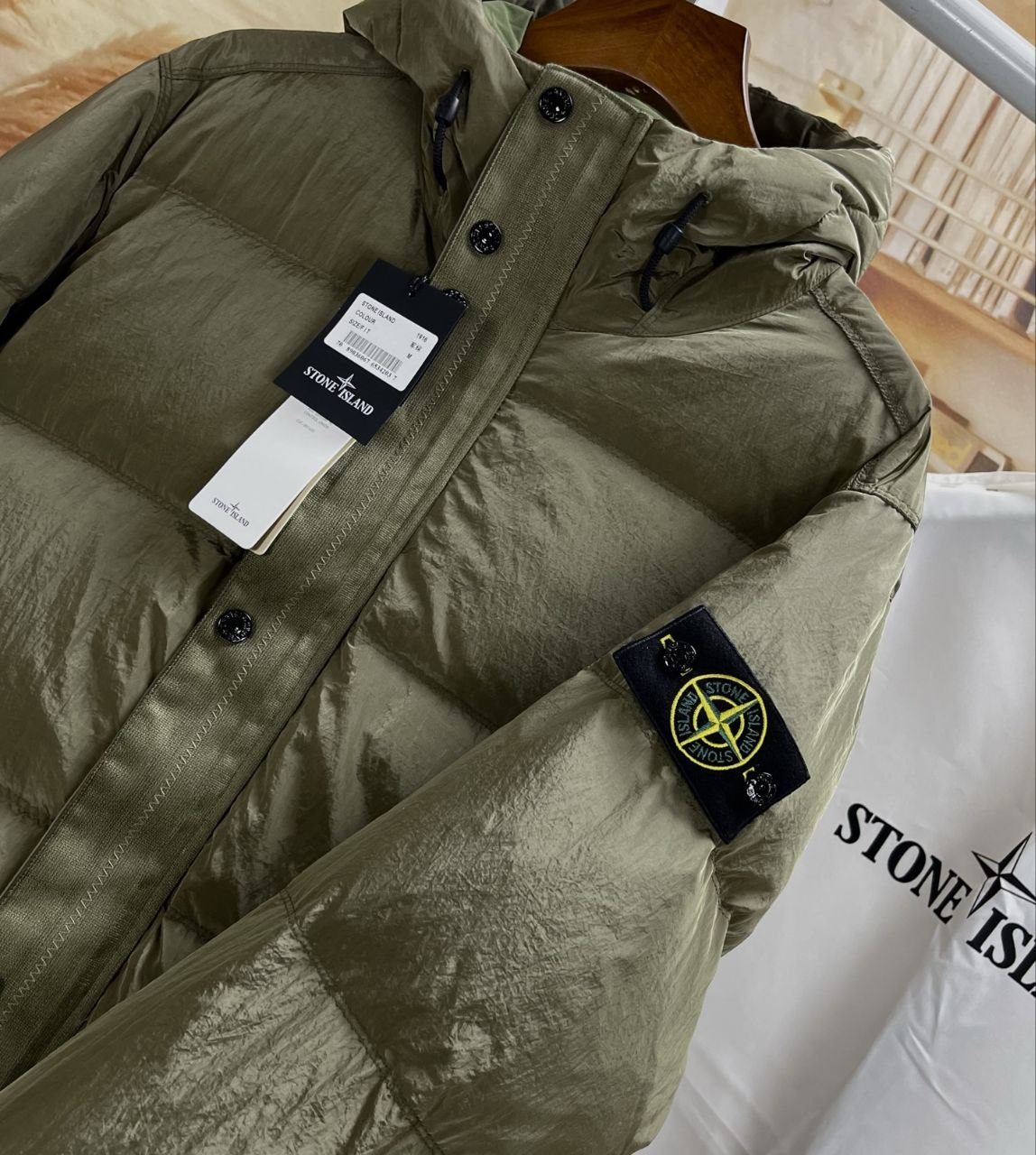 Stone 1sland Metallic-Weave Down Jacket — Green image 3