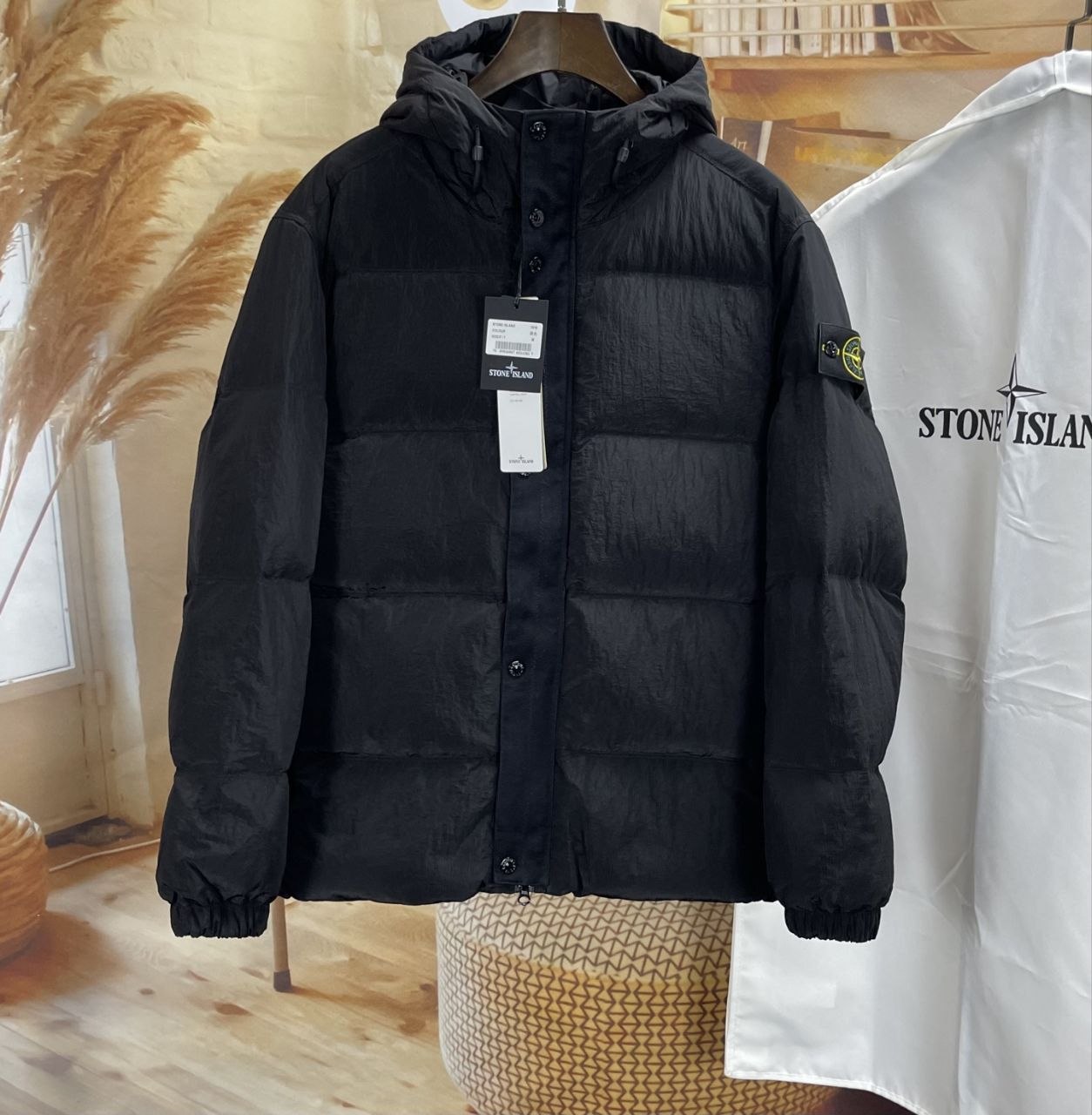 Stone 1sland Metallic-Weave Down Jacket — Black image 3