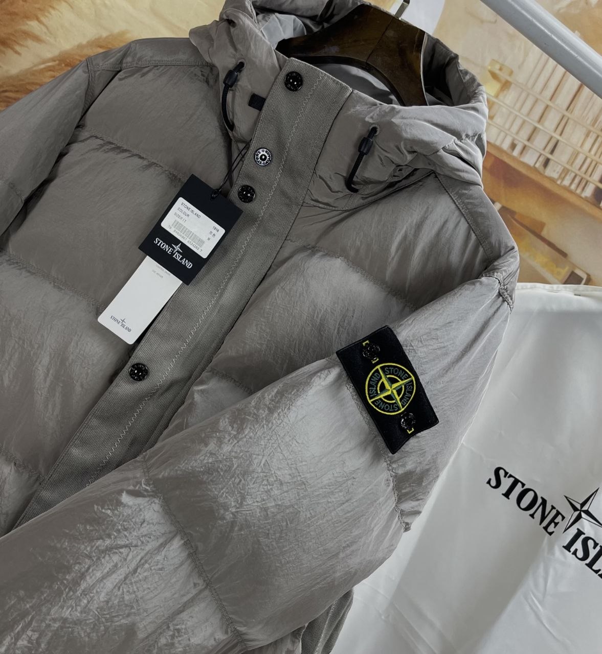 Stone 1sland Metallic-Weave Down Jacket — Grey