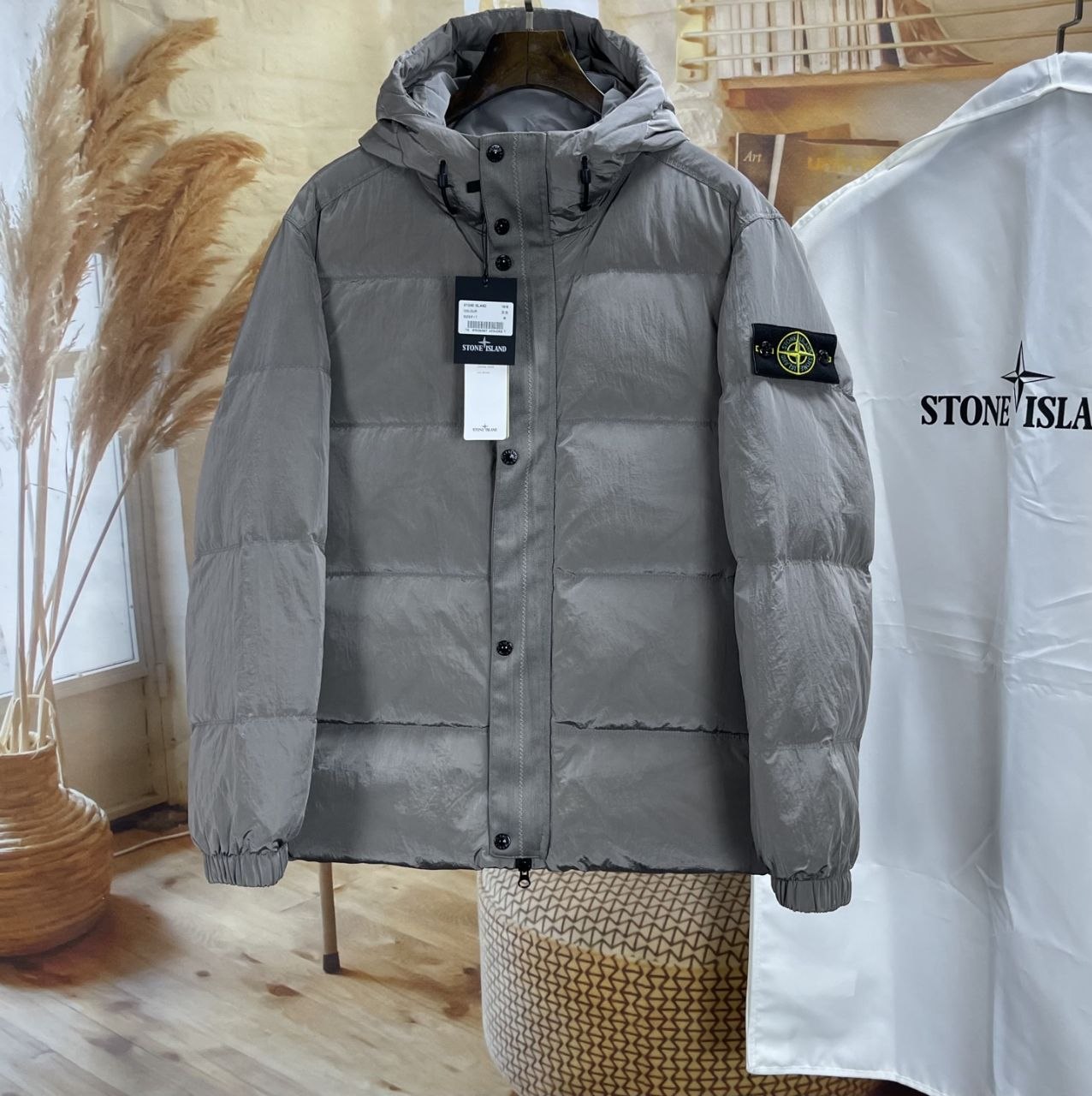 Stone 1sland Metallic-Weave Down Jacket — Grey image 3