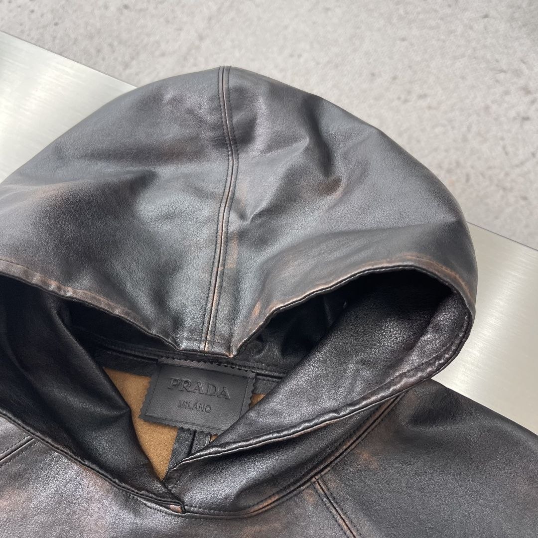 Pr@da Distressed Hooded Leather Jacket image 6