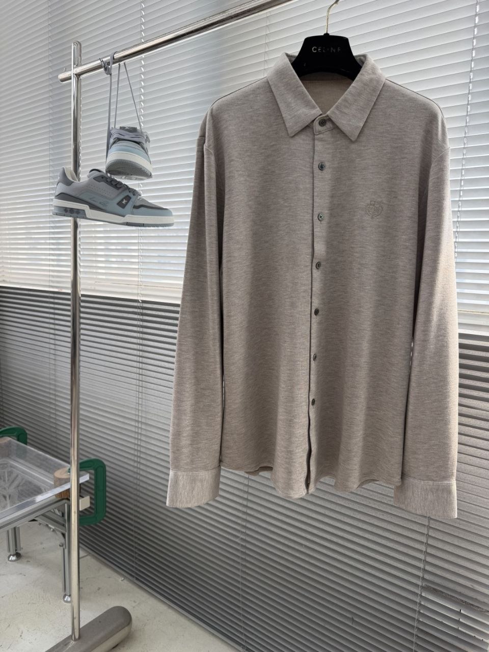 L0r0 P1ana Wool-Tencel Knit Shirt — Apricot-Grey-Black image 3